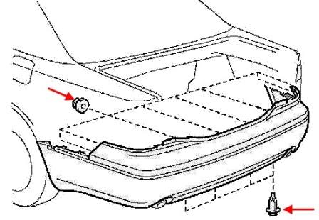 the scheme of fastening the rear bumper of the Lexus LS 430 (2000-2006)