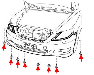 the scheme of fastening of the front bumper of the Lexus LS (2006-2012)