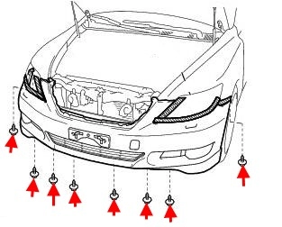 схема крепления переднего бампера Lexus LS (2006-2012)