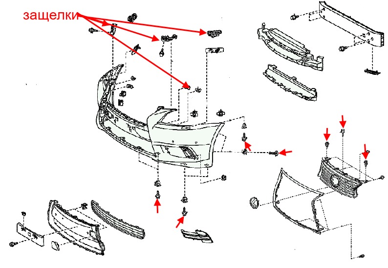Diagrama de fijación del parachoques delantero Lexus LS (después de 2012)
