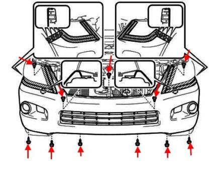 the scheme of fastening of the front bumper of the Lexus LX (after 2007)