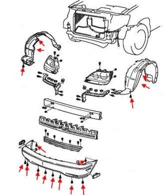 the scheme of fastening of the front bumper Lexus RX (1997-2003)
