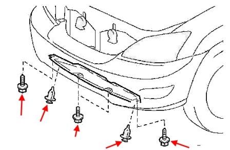 the scheme of fastening of the front bumper Lexus RX (2003-2008)