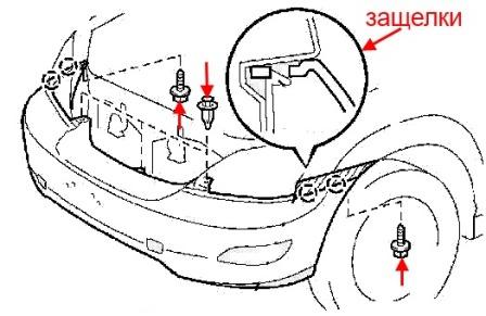 the scheme of fastening of the front bumper Lexus RX (2003-2008)