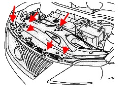 Esquema de montaje del parachoques delantero del Lexus RX (desde 2008)