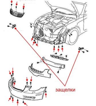 the scheme of fastening of the front bumper of the Lexus SC 