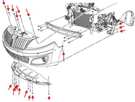 Schema di montaggio del paraurti anteriore Lincoln MKS