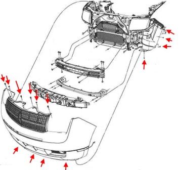 Diagrama de montaje del parachoques delantero Lincoln MKX (2007-2015)