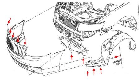 Diagrama de montaje del parachoques delantero Lincoln MKZ (2005-2012)