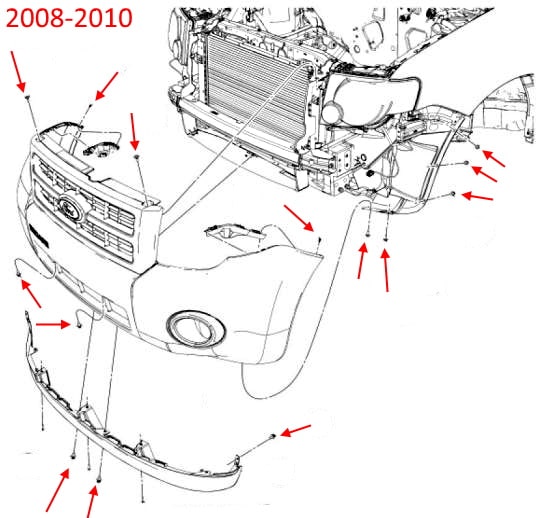 Diagrama de montaje del parachoques delantero del Mercury Mariner