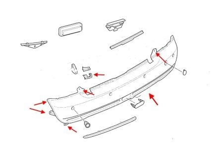 the scheme of fastening of the rear bumper Mini One, Cooper, Clubman, Countryman