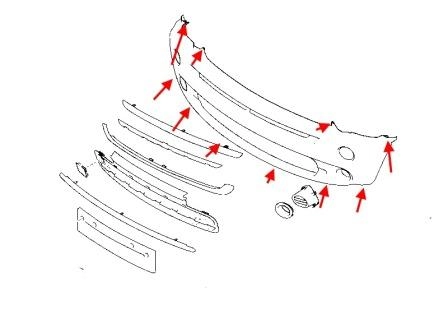 the scheme of fastening of the front bumper Mini One, Cooper, Clubman, Countryman