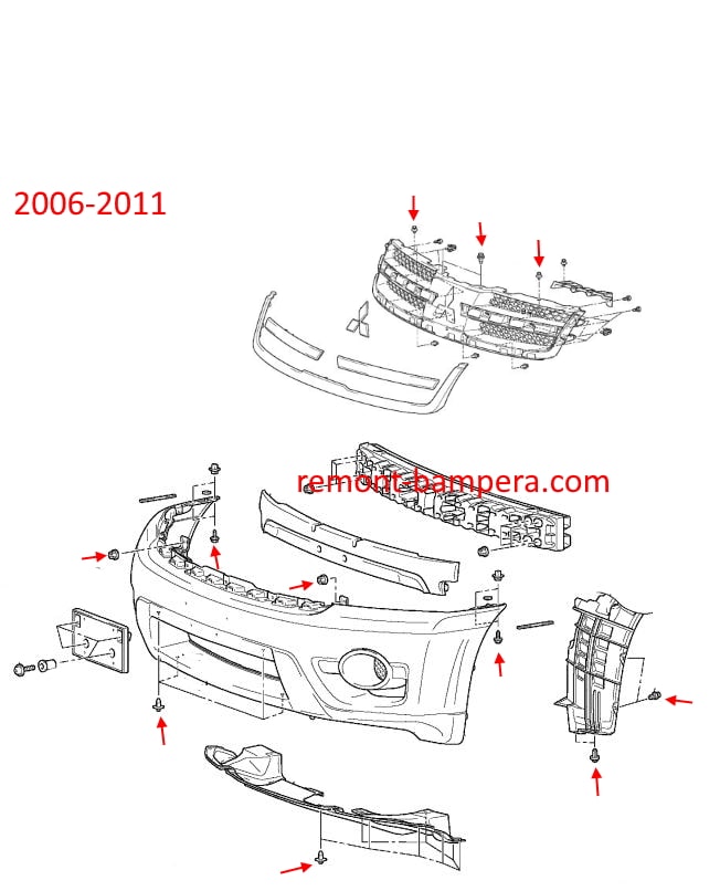 Diagrama de montaje del parachoques delantero Mitsubishi Endeavor (2006-2011)