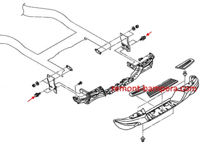 Esquema de montaje del parachoques trasero Mitsubishi L200/Triton V (2015-2023)