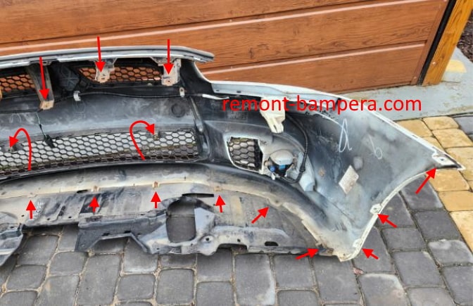 места крепления переднего бампера Mitsubishi Lancer (2007–2017)
