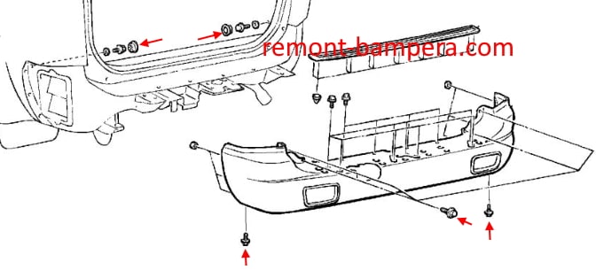 Befestigungsschema für die hintere Stoßstange des Mitsubishi Pajero / Montero Sport I (1998-2009)