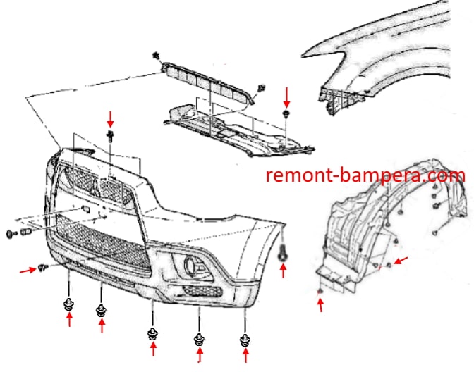 Esquema de montaje del parachoques delantero Mitsubishi RVR III (2010-2023)