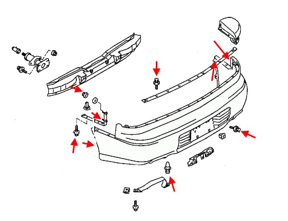 Diagrama de montaje del parachoques trasero Mitsubishi 3000GT