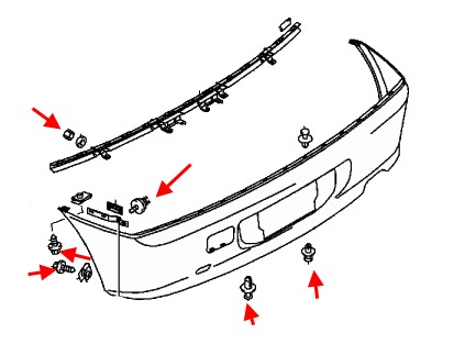 diagrama de montaje del parachoques trasero Mitsubishi Colt V CJ (1995-2002)