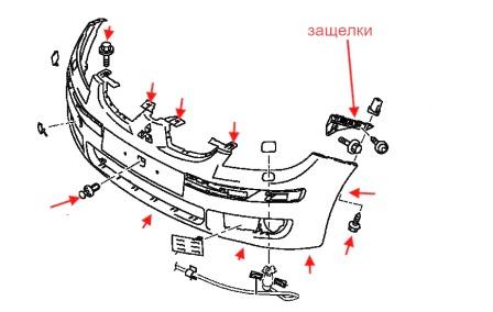Montageplan für die Frontstoßstange des Mitsubishi Colt (2004-2012)