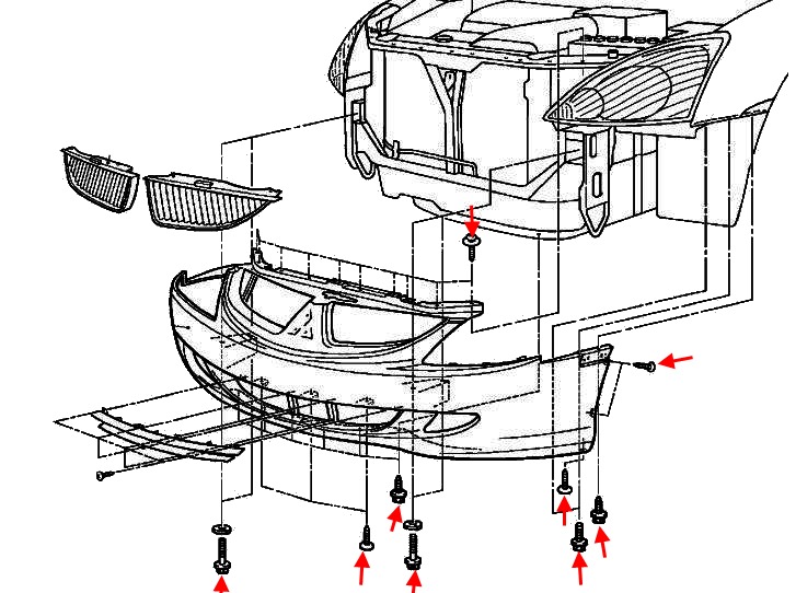 Diagrama de montaje del parachoques delantero Mitsubishi Diamante
