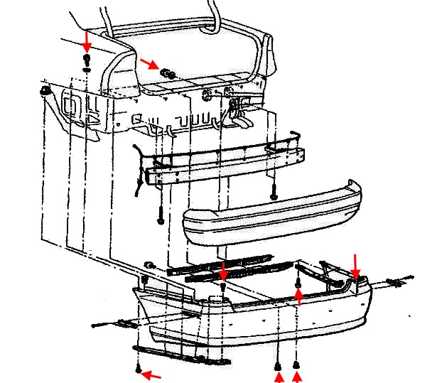 Diagrama de montaje del parachoques trasero Mitsubishi Diamante 