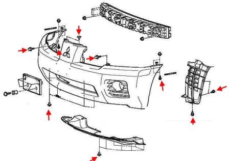 Schéma de montage du pare-chocs avant Mitsubishi Endeavour (2003-2005)