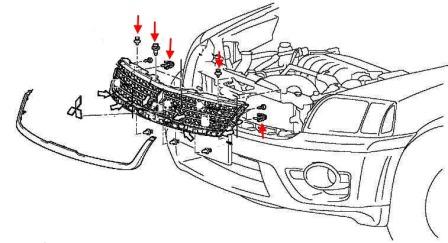 Mitsubishi Endeavor (2006-2010) diagrama de montaje de la rejilla del radiador