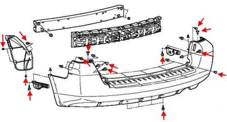 Schéma de montage du pare-chocs arrière Mitsubishi Endeavor (2006-2010)