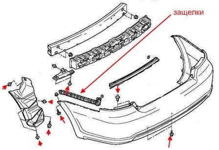 the scheme of fastening the rear bumper of Mitsubishi Galant 9 (2003-2012)