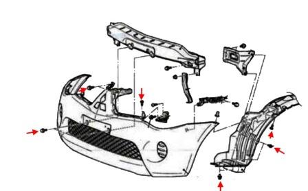 Diagrama de fijación del parachoques delantero Mitsubishi L200 (Triton / Warrior)