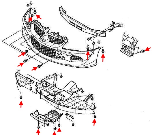 scheme of fastening of front bumper Mitsubishi Lancer (1995-2007)