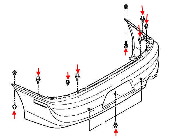 Diagrama de montaje del parachoques trasero Mitsubishi Lancer (1995-2007)