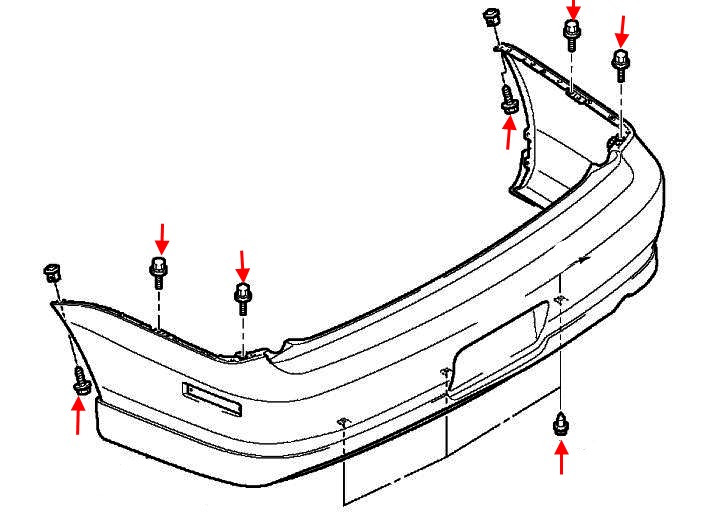 Diagrama de montaje del parachoques trasero Mitsubishi Lancer (1995-2007)