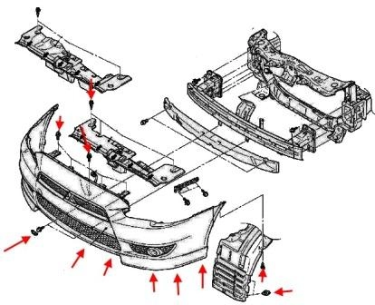 scheme of fastening of front bumper Mitsubishi Lancer CX, CY, CZ (Lancer Evolution, Lancer Sportback) (after 2007)