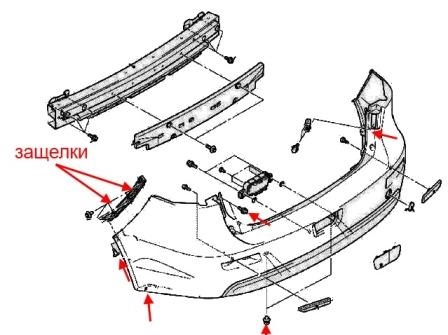Montageplan für die hintere Stoßstange Mitsubishi Lancer CX, CY, CZ (Lancer Evolution, Lancer Sportback) (nach 2007) 