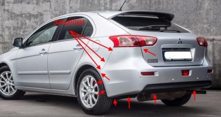 puntos de fijación del parachoques trasero Mitsubishi Lancer CX, CY, CZ (Lancer Evolution, Lancer Sportback) (después de 2007) 
