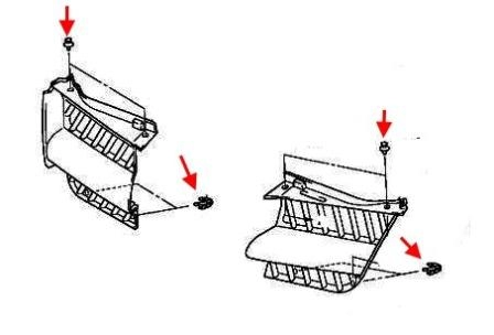scheme of fastening of the radiator grille Mitsubishi Outlander 1 (Airtrek) (2001-2006)