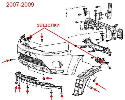 Diagrama de montaje del parachoques delantero Mitsubishi Outlander XL (2006-2012)