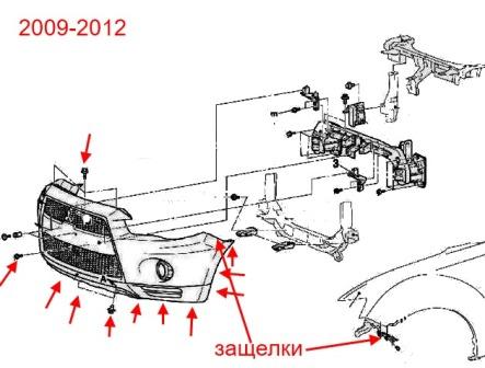 Schéma de montage du pare-chocs avant Mitsubishi Outlander XL (2006-2012)