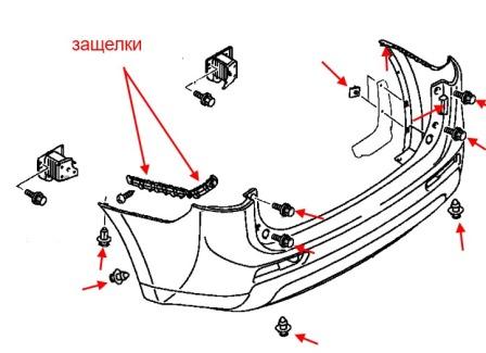 Montageplan für die hintere Stoßstange des Mitsubishi Outlander 3 (nach 2012)