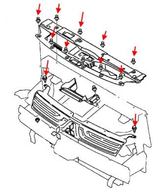 scheme of fastening of the radiator grille of the Mitsubishi Outlander 3 (after 2012)
