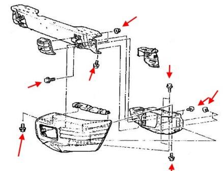 diagrama de montaje del parachoques delantero Mitsubishi Montero 2 (1990-2000)