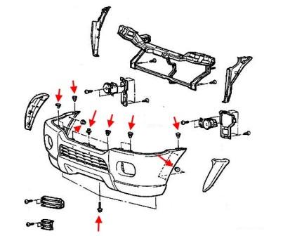 Schéma de montage du pare-chocs avant Mitsubishi Pajero (Montero) Sport 2 (1990-2000)