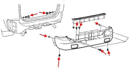 diagrama de montaje del parachoques trasero Mitsubishi Montero Sport 2 (1990-2000)