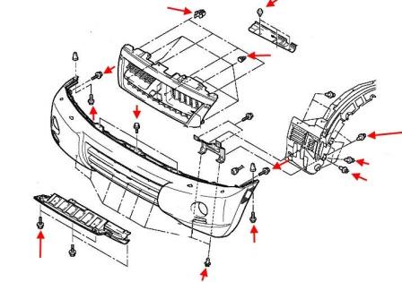 scheme of fastening of front bumper Mitsubishi Pajero (Montero) 3 (1999-2006)