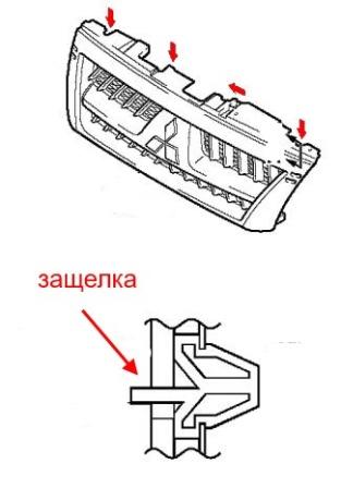 scheme of fastening of the radiator grille Mitsubishi Pajero (Montero) 3 (1999-2006)