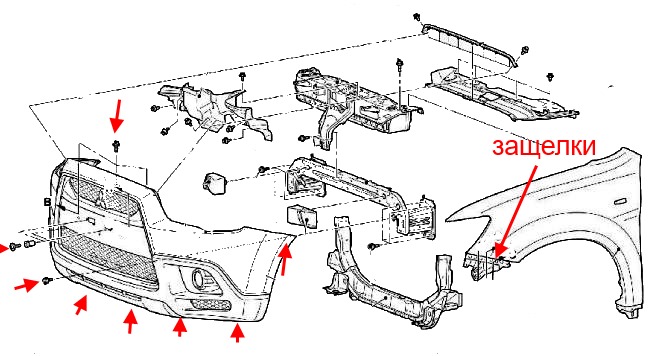схема крепления переднего бампера Mitsubishi RVR (после 2010 года)
