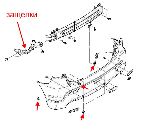Diagrama de montaje del parachoques trasero Mitsubishi RVR (después de 2010)