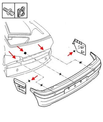 the scheme of fastening of the rear bumper Peugeot 106